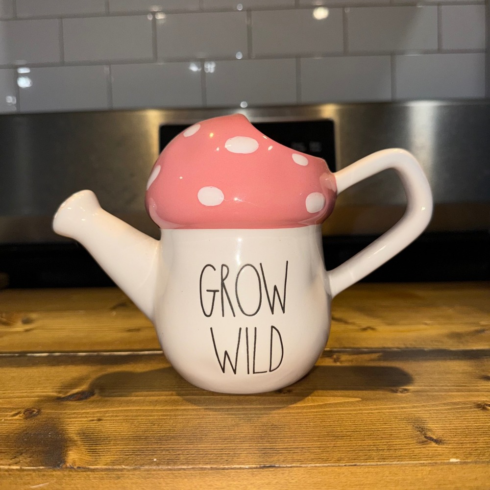 Rae Dunn Grow Wild Pink Mushroom Ceramic Watering Can Planter Garden Decor